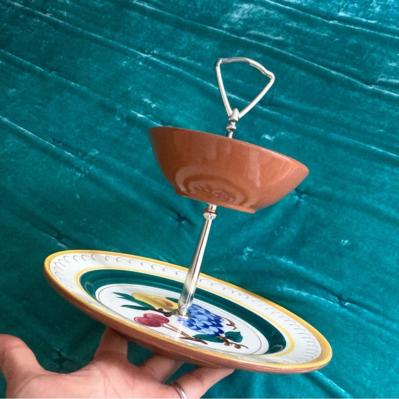 Vintage MCM Stangl Pottery yellow trim fruits two tiered handled serving dish - Picture 8 of 12